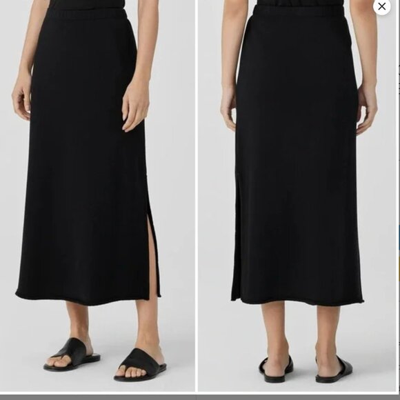 Eileen Fisher Black organic Cotton french terry  A line side Slit midi skirt M/M - Picture 1 of 7